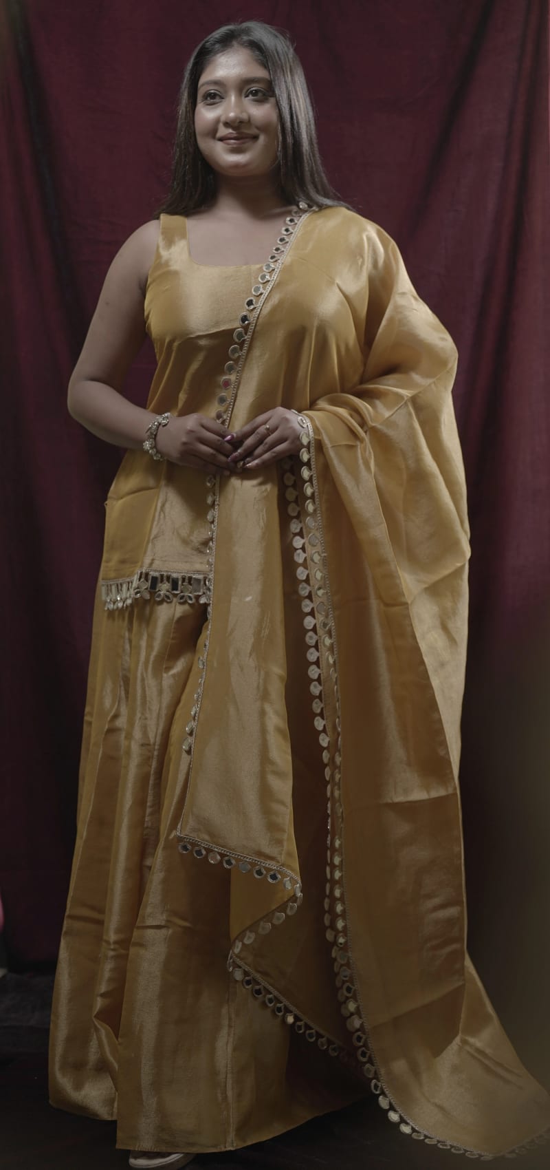 Sunheri - Golden Draped 3-Piece Tissue Suit