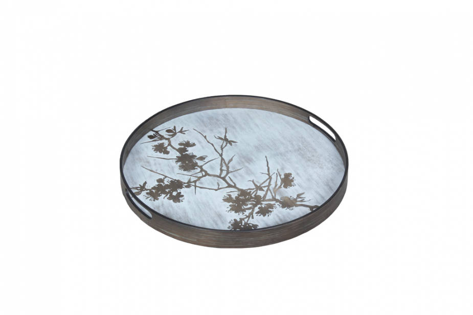 Ethnicraft Round Tray With A Whitewashed Finish And Blossom Detail 