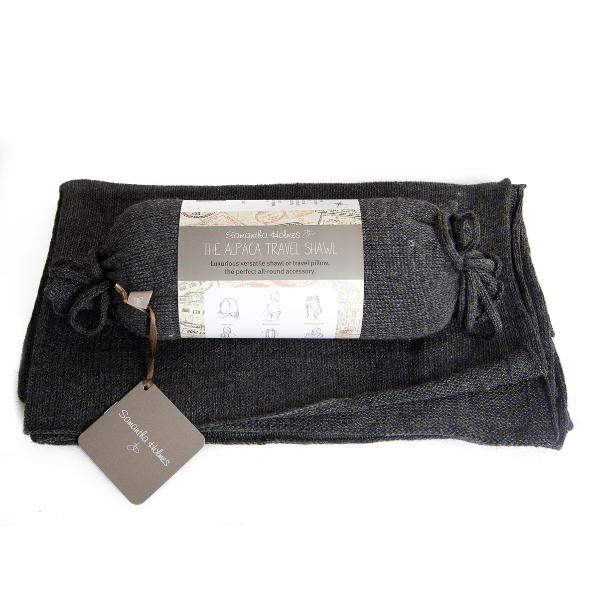 Samantha Holmes Charcoal Alpaca Travel Shawl And Travel Pillow