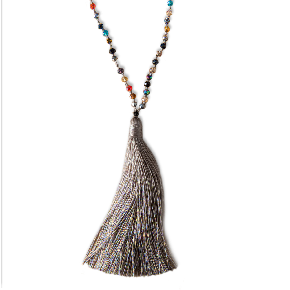 Taupe Tassel Necklace with Mulitcolour Crystal beads