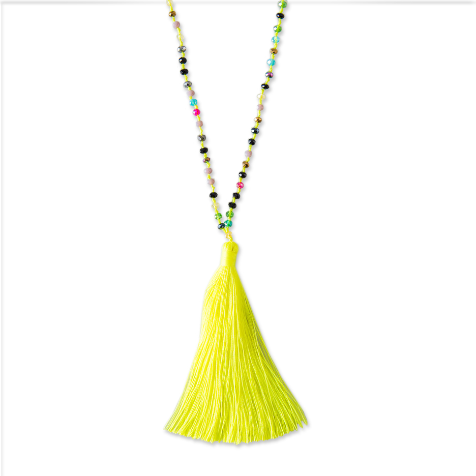 Neon Yellow Tassel Necklace with Multicolour Beads