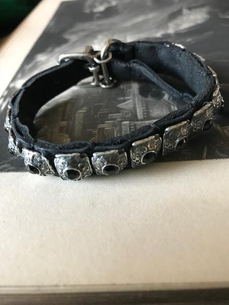 Goti 925 Oxidised Silver And Leather Bracelet With Black Stones