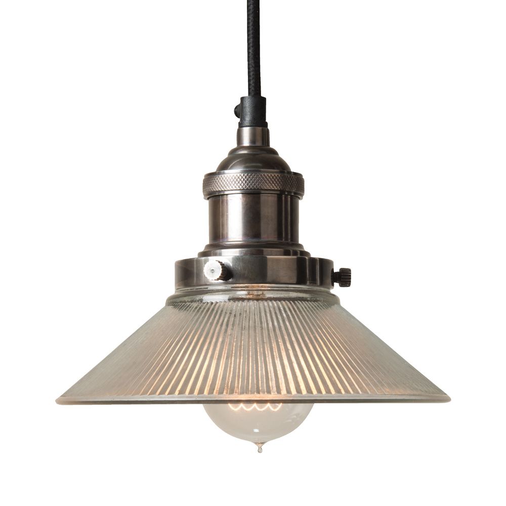 Culinary Concepts Antique Silver Prohibition Light Fitting With Small Ribbed Glass Triangular Shade