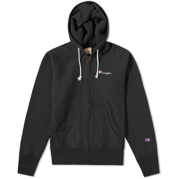 Champion New Black Reverse Weave Small Logo Zip Hood