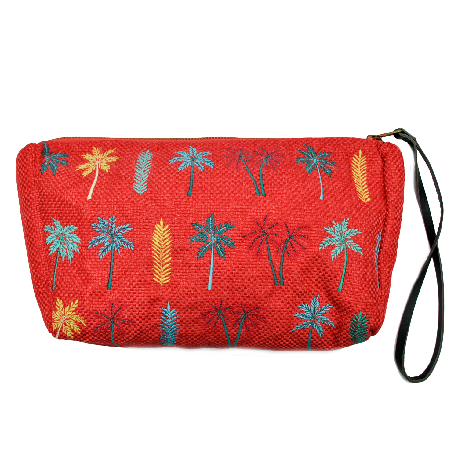 - Coral Red Palm Print Beach Clutch Bag 