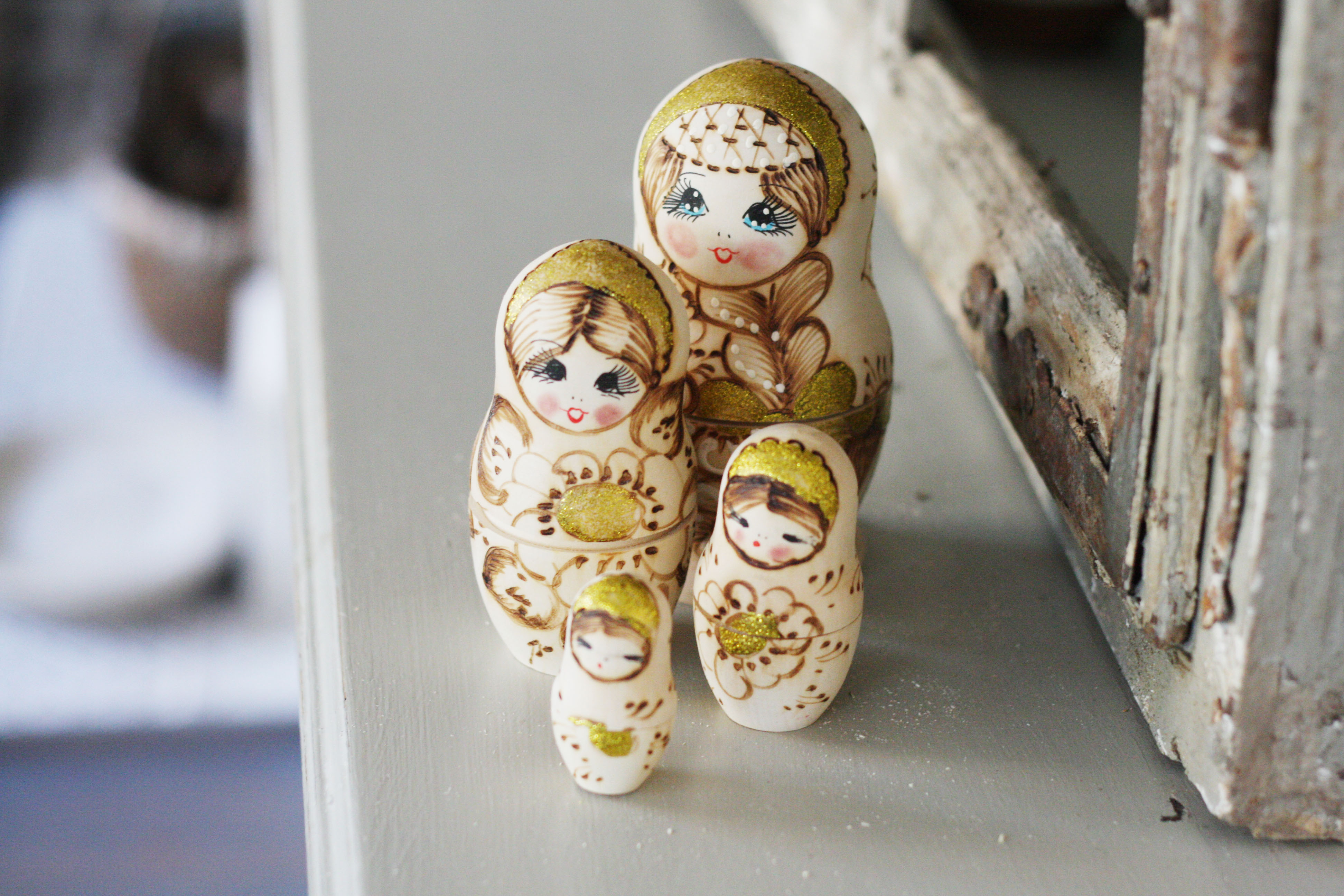 Loula and Deer Golden Handmade Russian Nesting Dolls Set