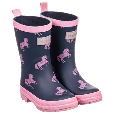 Hatley  Navy Blue With Pink Horse Silhouettes Wellington Boots