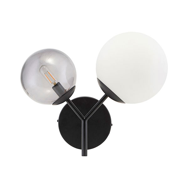 House Doctor Margaux - two-globe wall lamp in black with smoke grey + white glass (plug-in or hardwire)