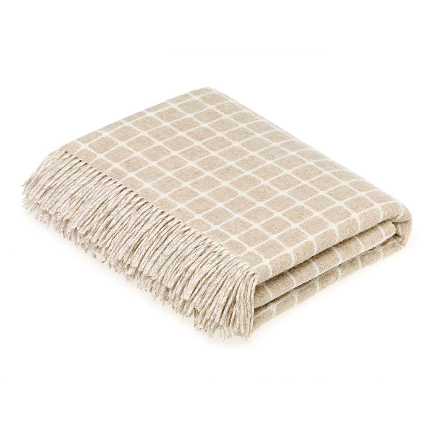 Bronte by Moon Beige Athens Check Luxury Merino Lambswool Throw 140cm x 185cm