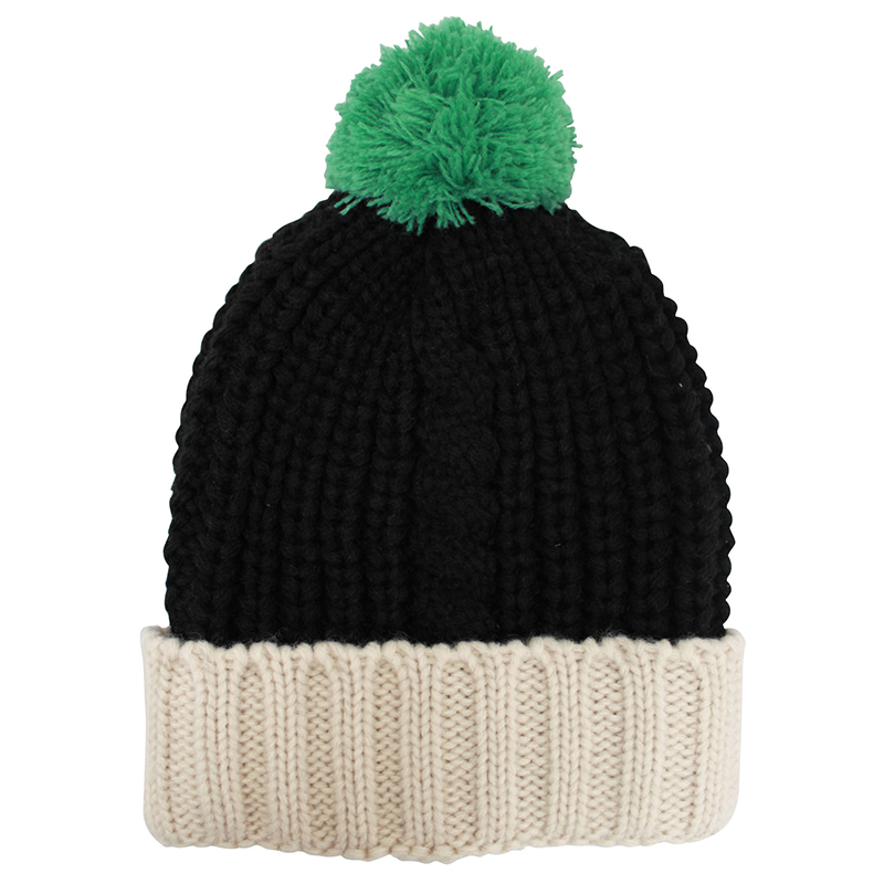 House of disaster Black Cable Knit Hat with Green Pom Pom 