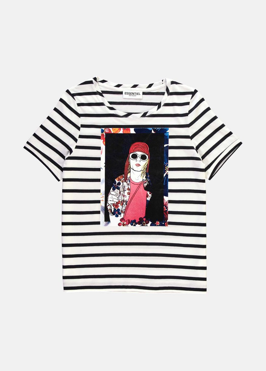 Essentiel Antwerp White And Navy Stripe Seville T Shirt With Print