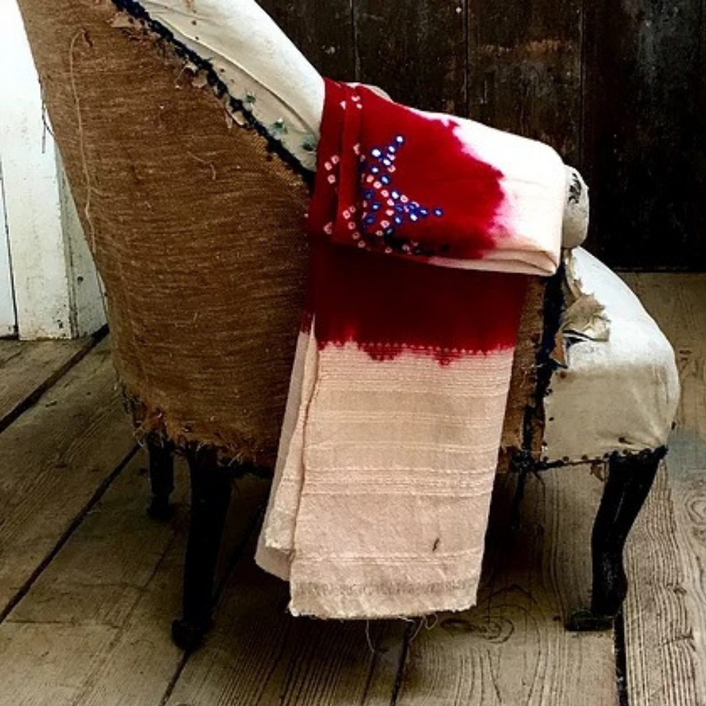 Pale & Interesting Cream Red Artisan Bandhari Wool Throw Scarf 