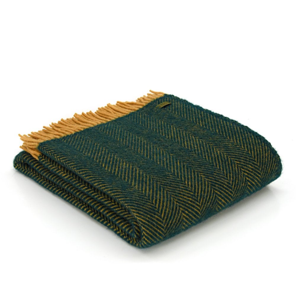 Tweedmill Emerald & Mustard Herringbone Pure New Wool Throw 150cm x 183cm