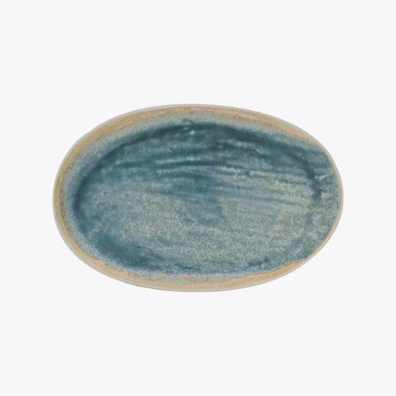 Margot Lhomme Turquoise and Galaxy Glazed Stoneware Edges Oval Shape Flat Plate  