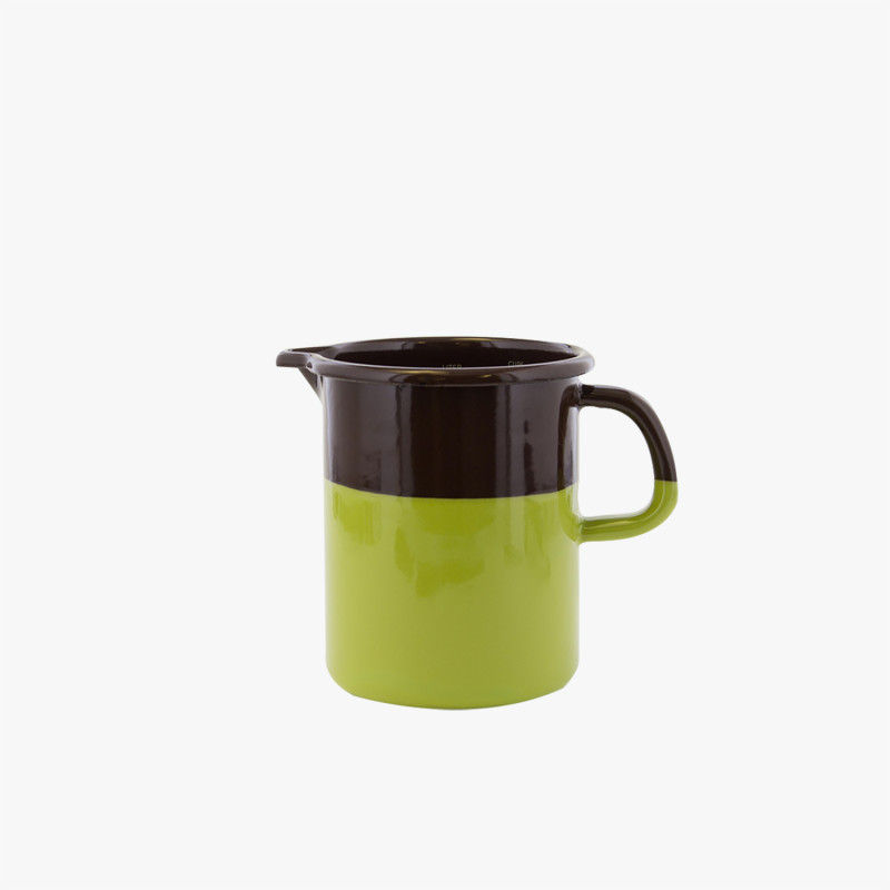 Riess Small Chocolate Brown and Pistachio Green Two-tone Enamel Pitcher and Measuring Glass 