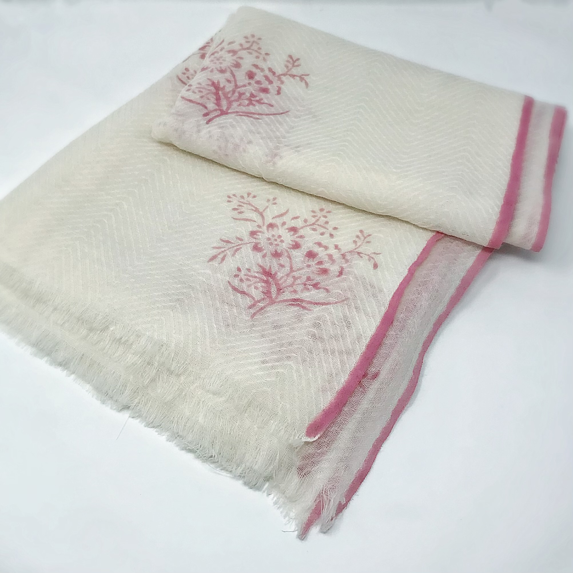 Posy Fine Wool Block Printed Scarf -Pink Posy