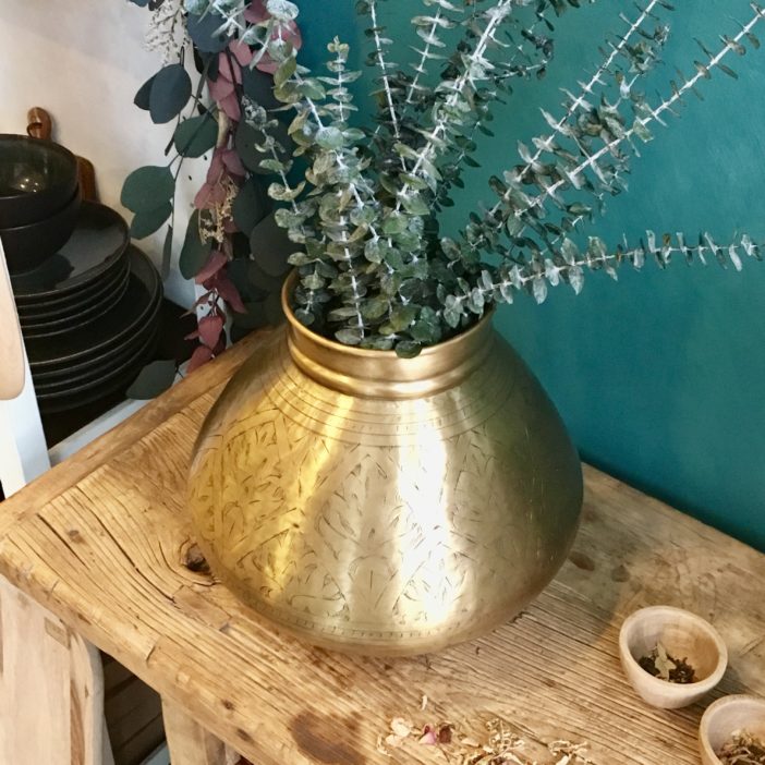 Round etched brass vase  Nkuku Nami pot at Decorator's Notebook