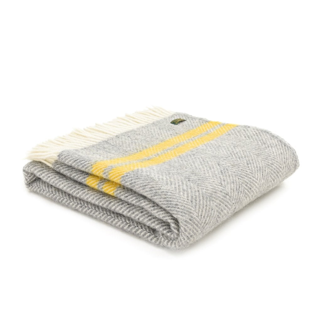 Tweedmill Grey & Yellow Fishbone 2 Stripe Pure New Wool Throw 150cm x 183cm