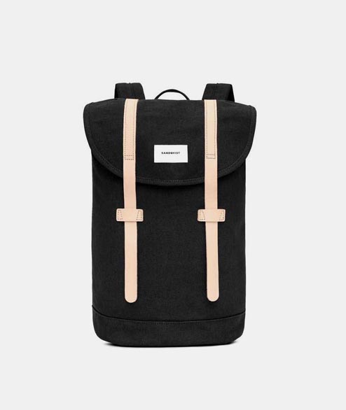 Sandqvist  Black Cotton Natural Leather Vintage Backpack 