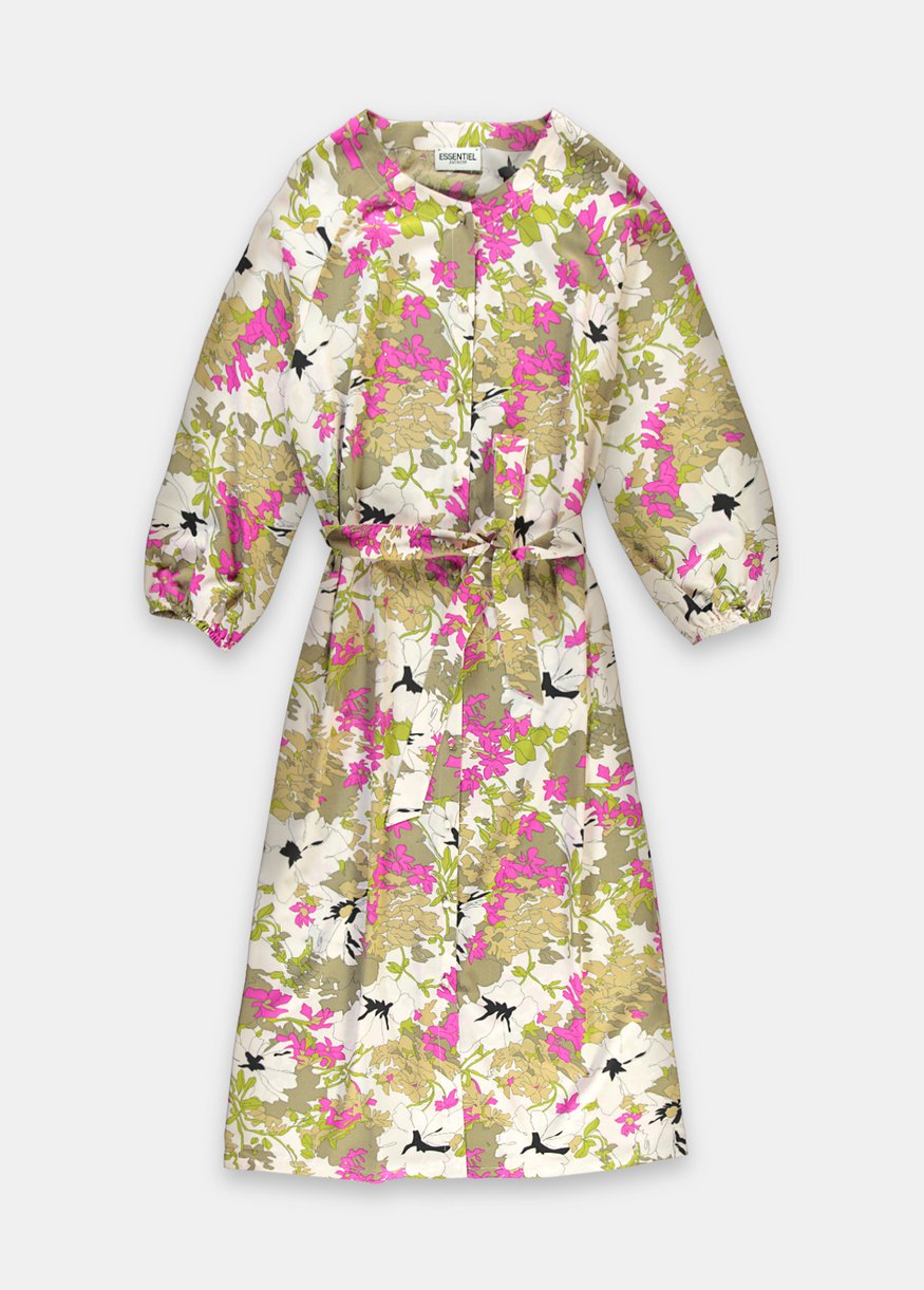 Essentiel Antwerp Sabria Button Down Dress in Khaki Green, White and Pink Floral