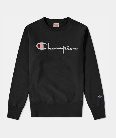 Champion Black Cotton Reverse Weave Logo Crewneck Sweatshirt