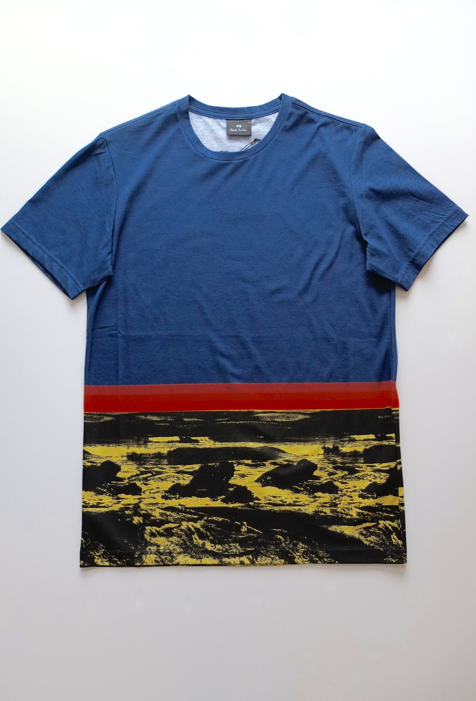 PS Paul Smith Men's Blue Cotton T-Shirt With 'Landscape' Print Hem Detail