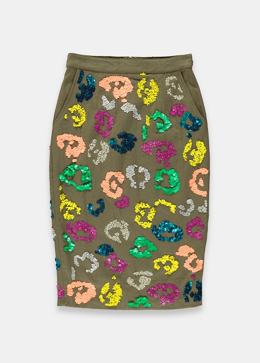 Essentiel Antwerp Tiswow Leopard Sequin Skirt in Khaki