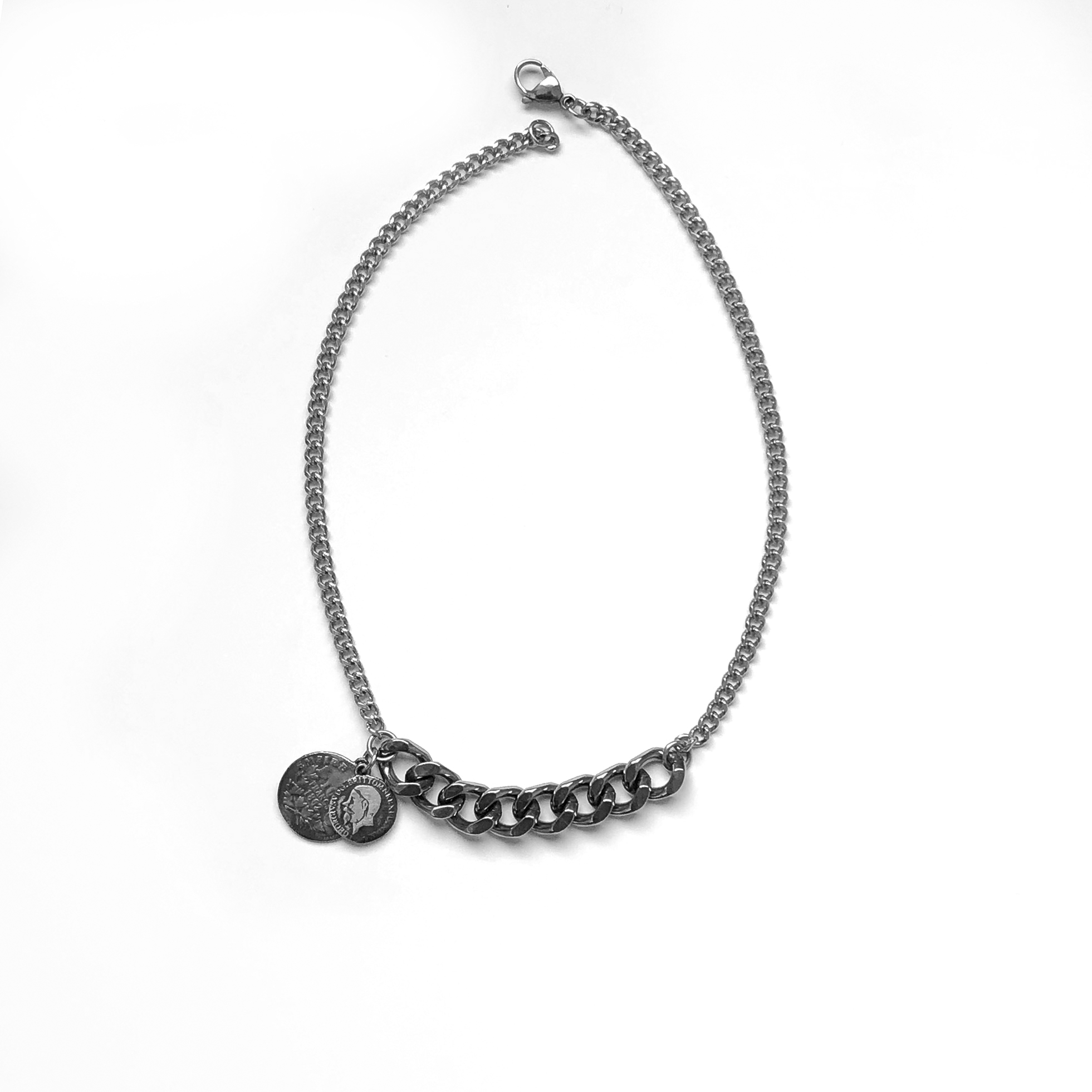 Nilu Gunmetal Silver Big Chain Necklace with 2 Coins