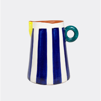 Pura Cal Cobalt Blue Stripes Handmade Terracota Mini Pitcher with Ring Zuvi Zeva Zivi