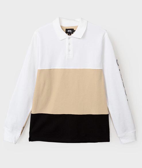 Stüssy White Cotton Panel Pique Long Sleeve Polo