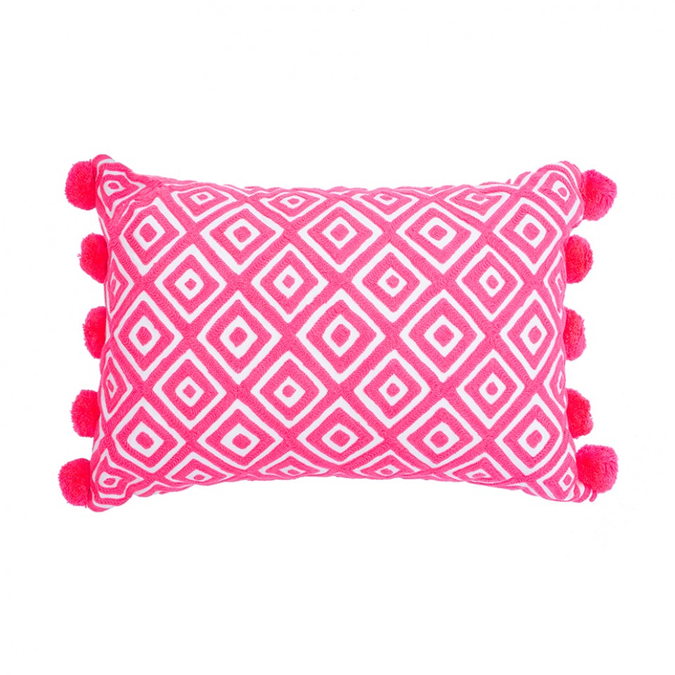 Bombay Duck Coral Kabuki Cushion with Pom Poms