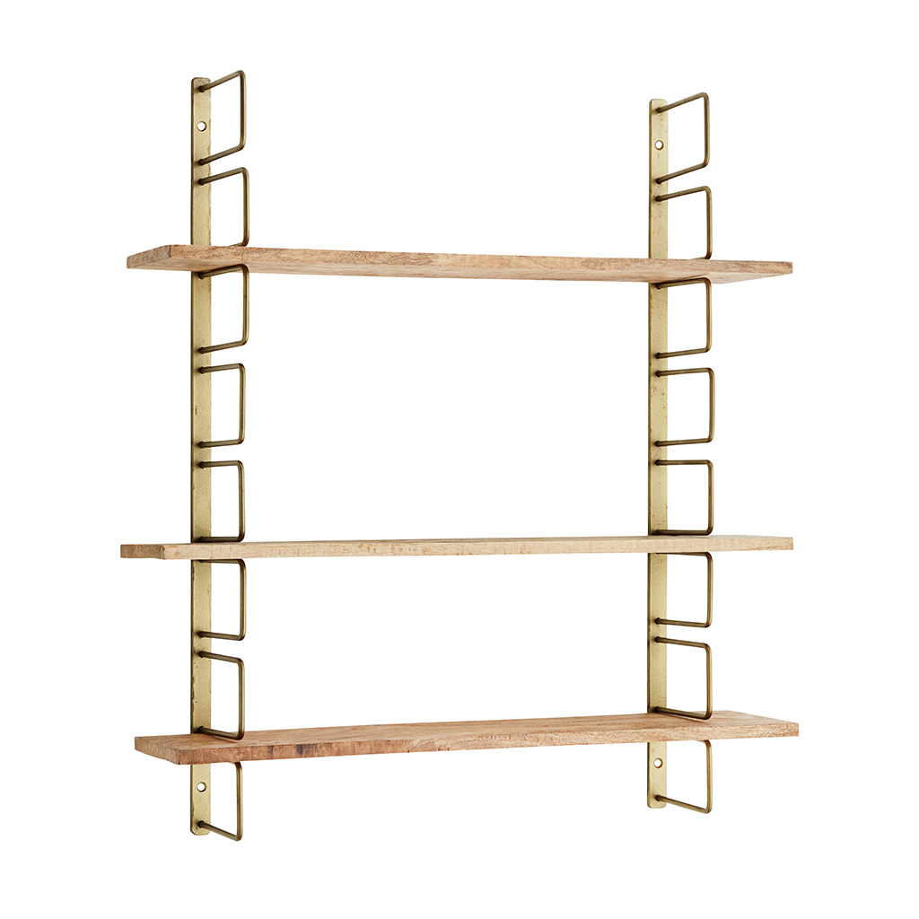 Madam Stoltz Brass & Mango Wood Adjustable Wall Shelf 