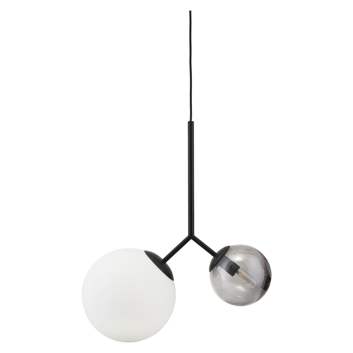 White Black Glass and Black Brass Two Globe Margaux Modern Pendant Light