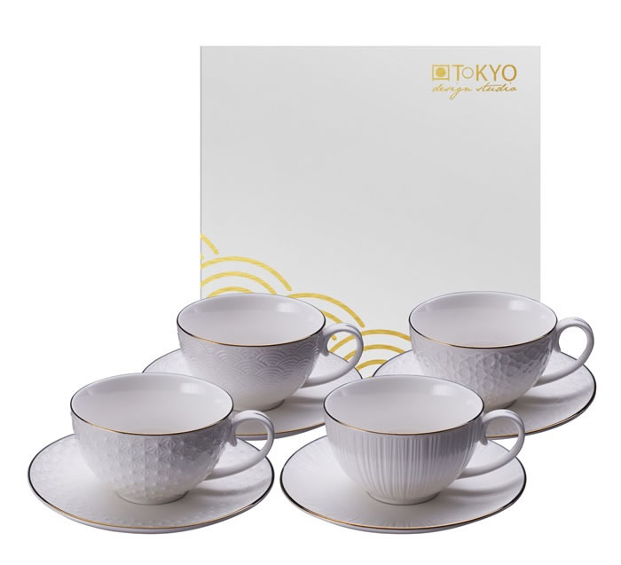 Tokyo Design Studio 100ml Cup and Saucer Nippon White - Set of 4 + Gift Box