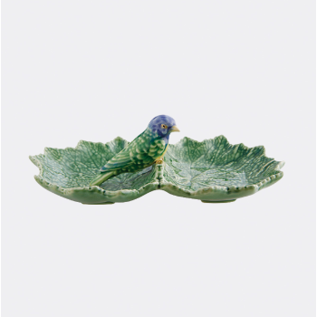 bordallo-pinheiro-handpainted-double-green-leaves-ceramic-tray-with-a-blue-bird