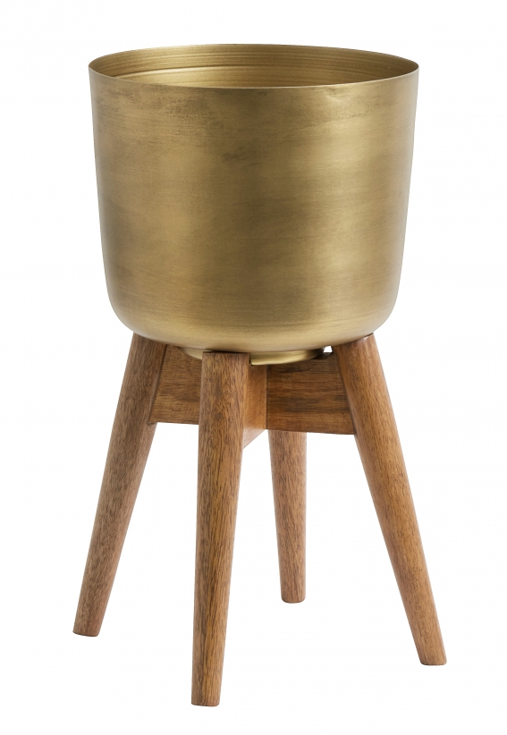 Nordal Large Brass Planter on Wooden Stand