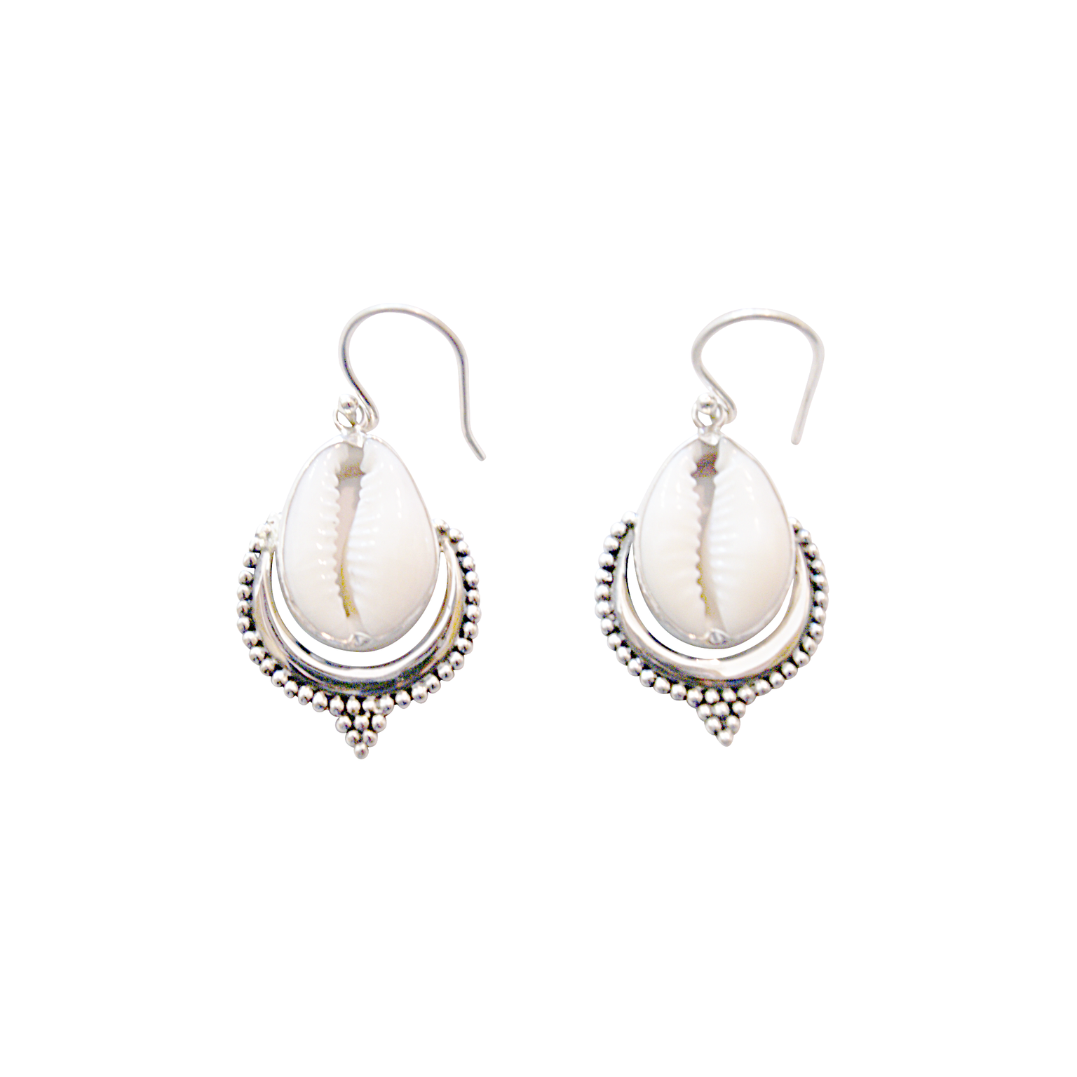 bon bon fistral Silver Cowrie Shell Ornate Earrings