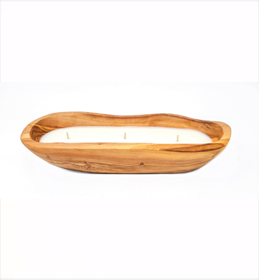 Divine Deli Olive Wood Boat Candle 25 Cms