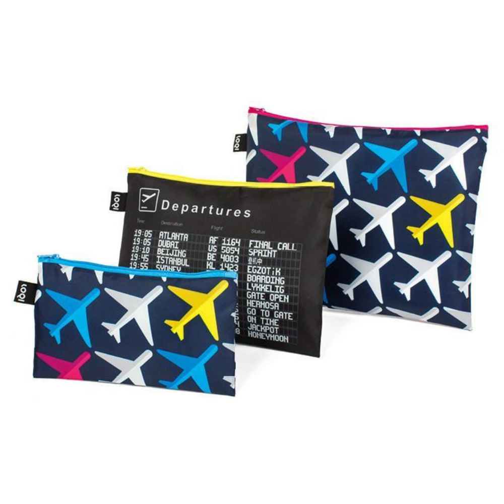 LOQI Pack of 3 Airport Airplane and Arrivals Zip Pocket