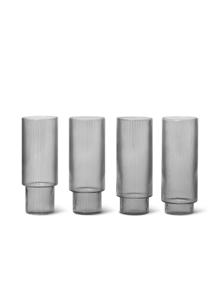 Ferm Living Set of 4 Smoked Grey Ripple Long Drink Glasses