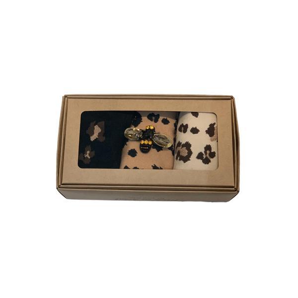 SIXTON LONDON Leopard Luxe Box Of 3 Socks With Bumble Bee Pin