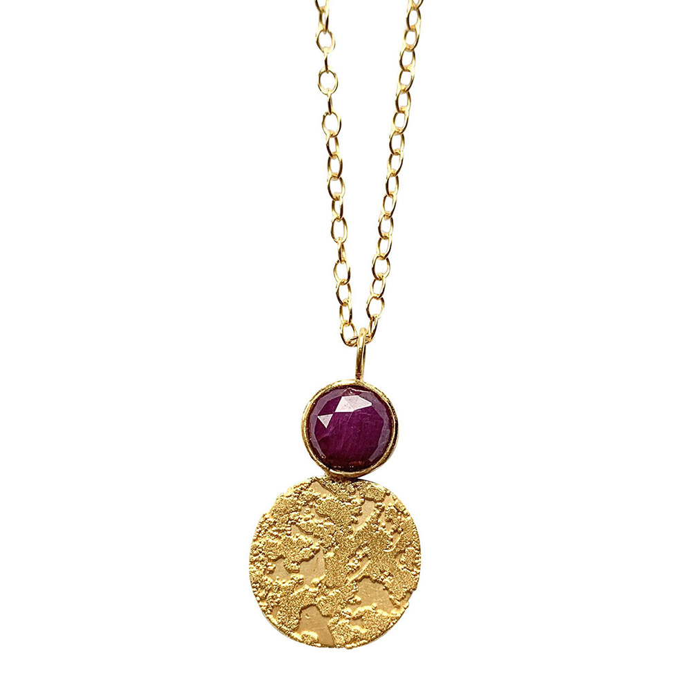 Joanne Bowles Encrusted Disk and Ruby Necklace in Gold Vermeil