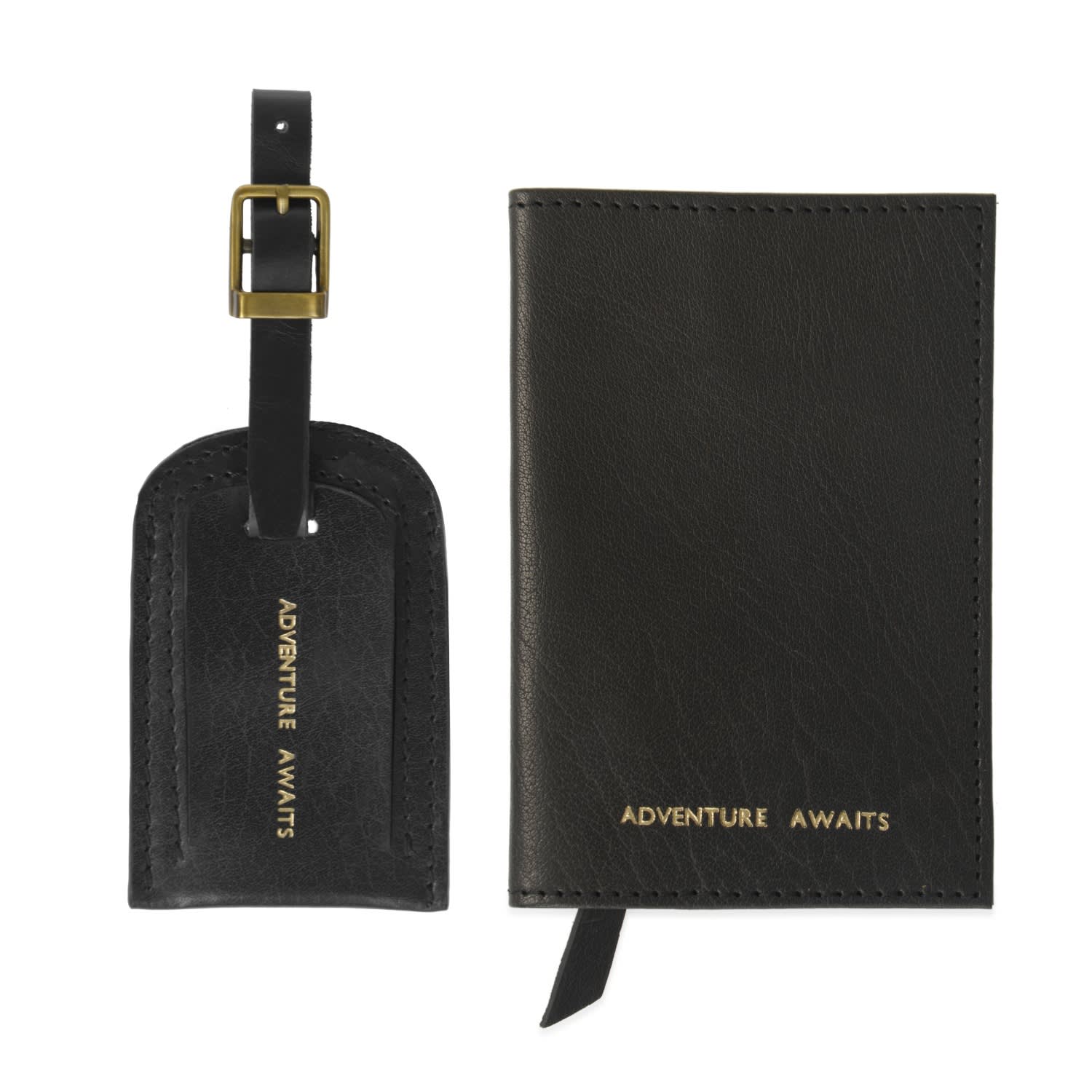 Vida Vida Black Leather Adventure Awaits Passport Cover and Luggage Tag Set