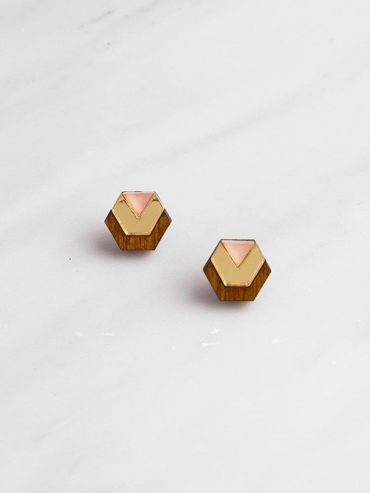 Wolf & Moon Originals Little Hex Studs - Wood/Gold/Peach