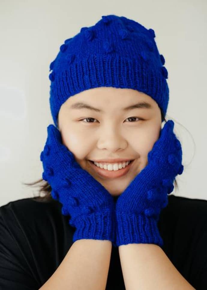 People Tree Knitted Woolen Bobble Hat Beanie In Blue