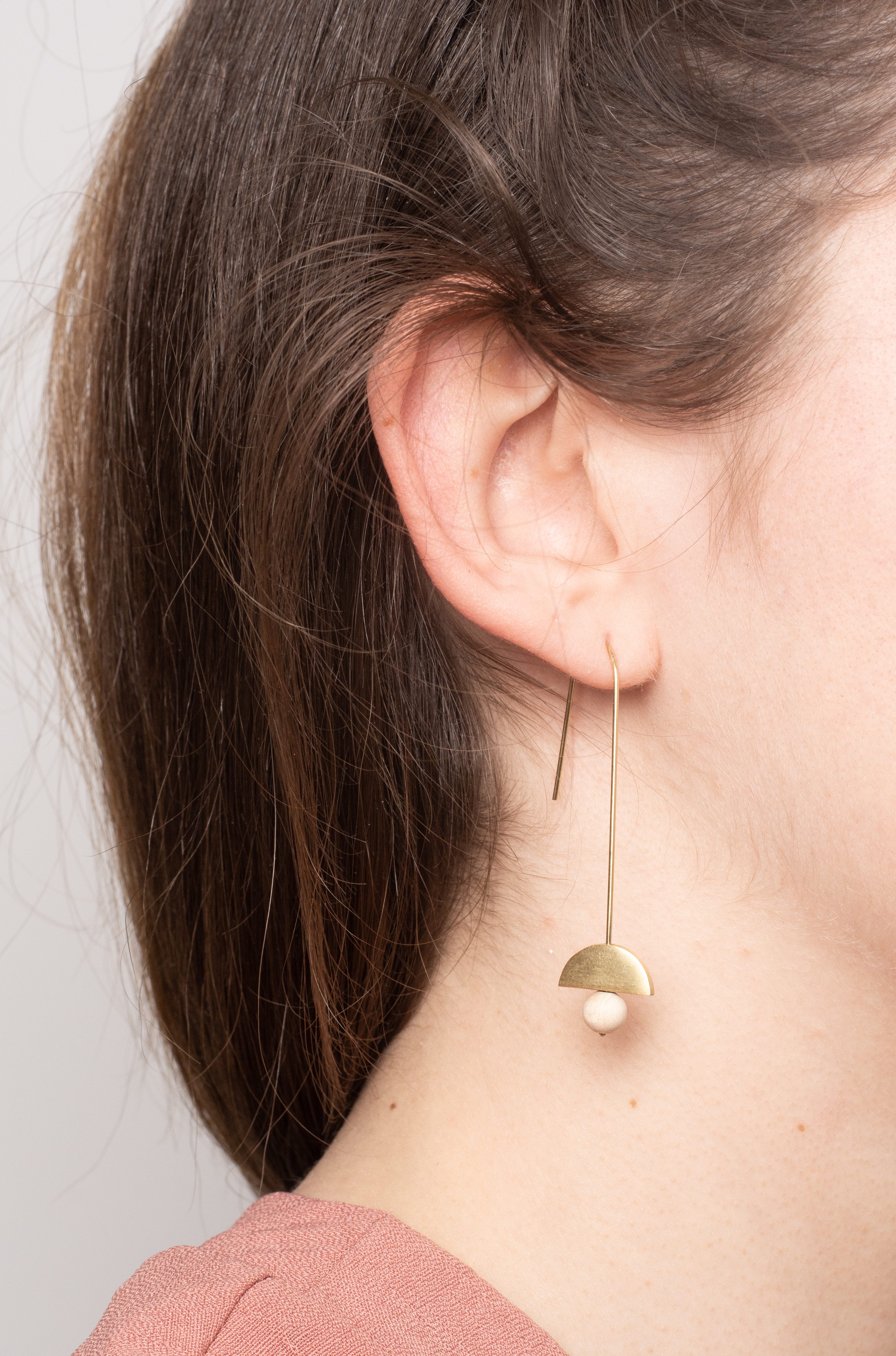 State Of A Brass Semi Circle & Wooden Bead Earrings