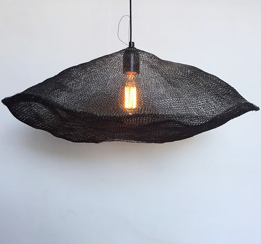 POETIC IN ROCK  Black Metal Suspension Wire with 80cm Brass Crocheted Lampshade