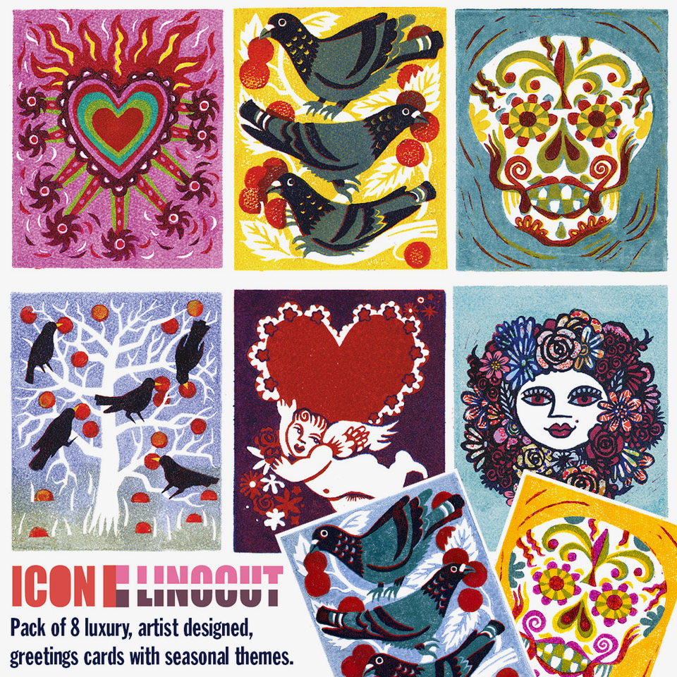 Cats and Roses Icon Linocut Greeting Card Pack of 8