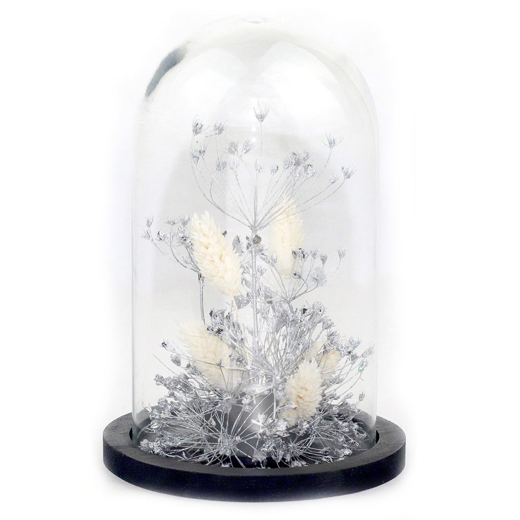 ADELAIDE AVRIL Glass dome  Preserved and dry flowers Silver et White