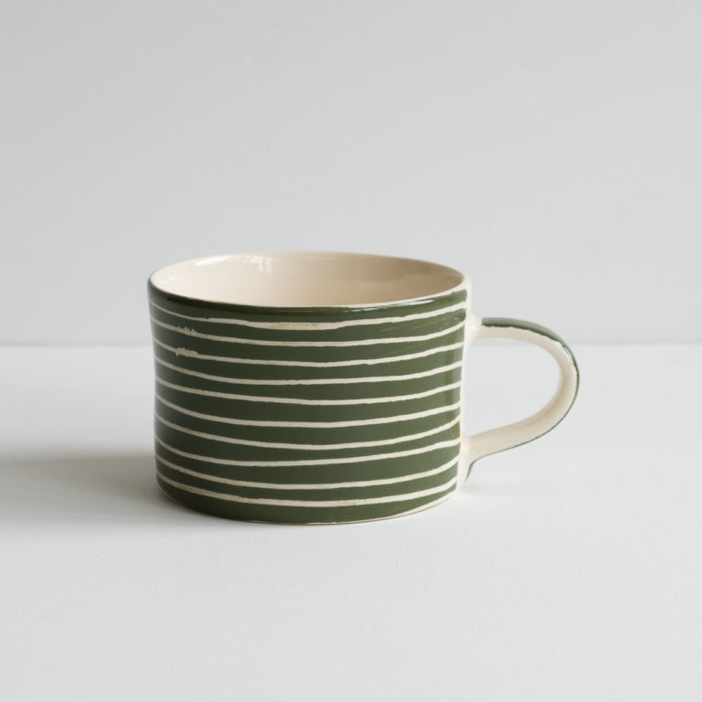 Musango Moss Green Sgraffito Stripe Handmade Wide Mug